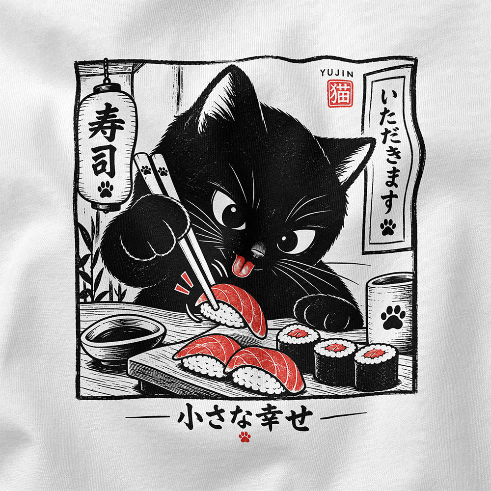 Close-up of Sharing Is Not on the Menu Cat T-Shirt artwork on White