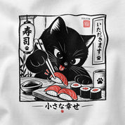 Close-up of Sharing Is Not on the Menu Cat T-Shirt artwork on White