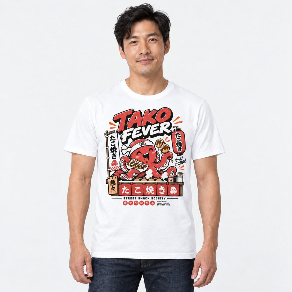 Male model wearing Takoyaki Fever Food T-Shirt in White