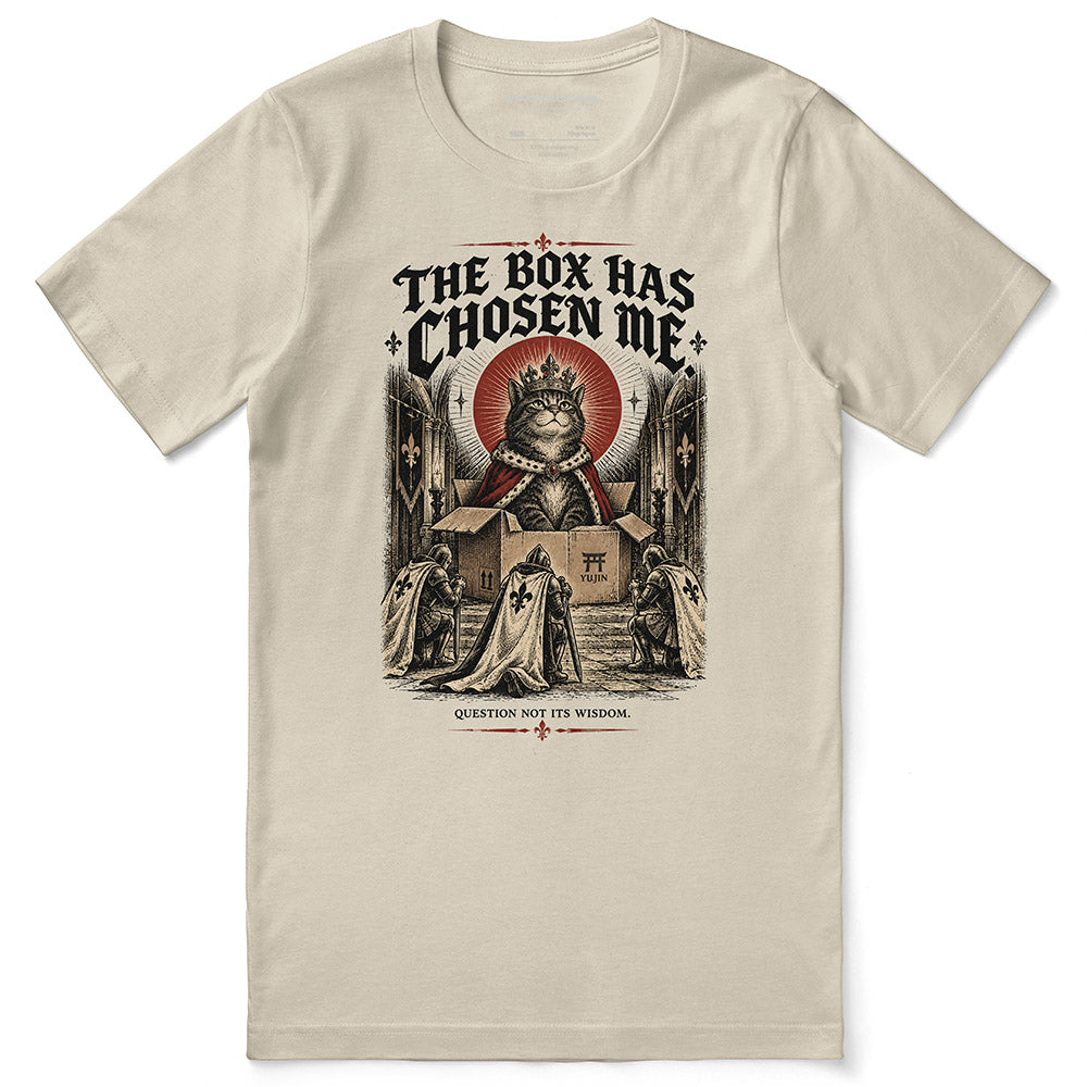 The Box Has Chosen Me Cat T-Shirt — Soft Cream flat lay