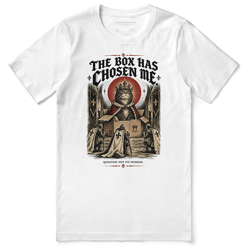 The Box Has Chosen Me Cat T-Shirt — White flat lay
