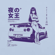 Close-up of Midnight Queen Runners Car T-Shirt artwork on Baby Blue