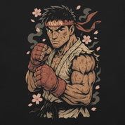 Illustration of a muscular character with a headband and cherry blossoms on a dark background