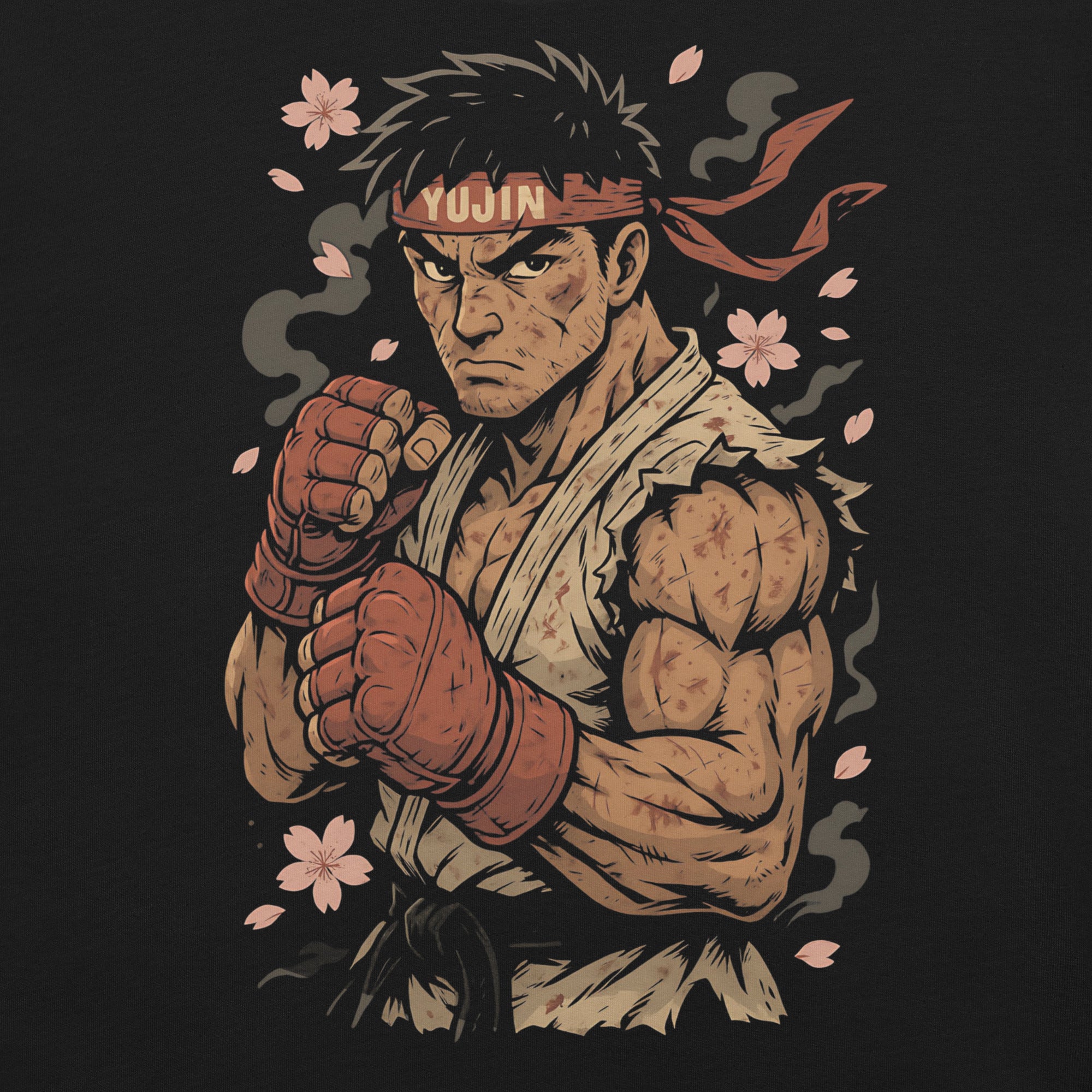 Illustration of a muscular character with a headband and cherry blossoms on a dark background