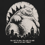 Close-up of Lazy Colossus Cat T-Shirt artwork on Black
