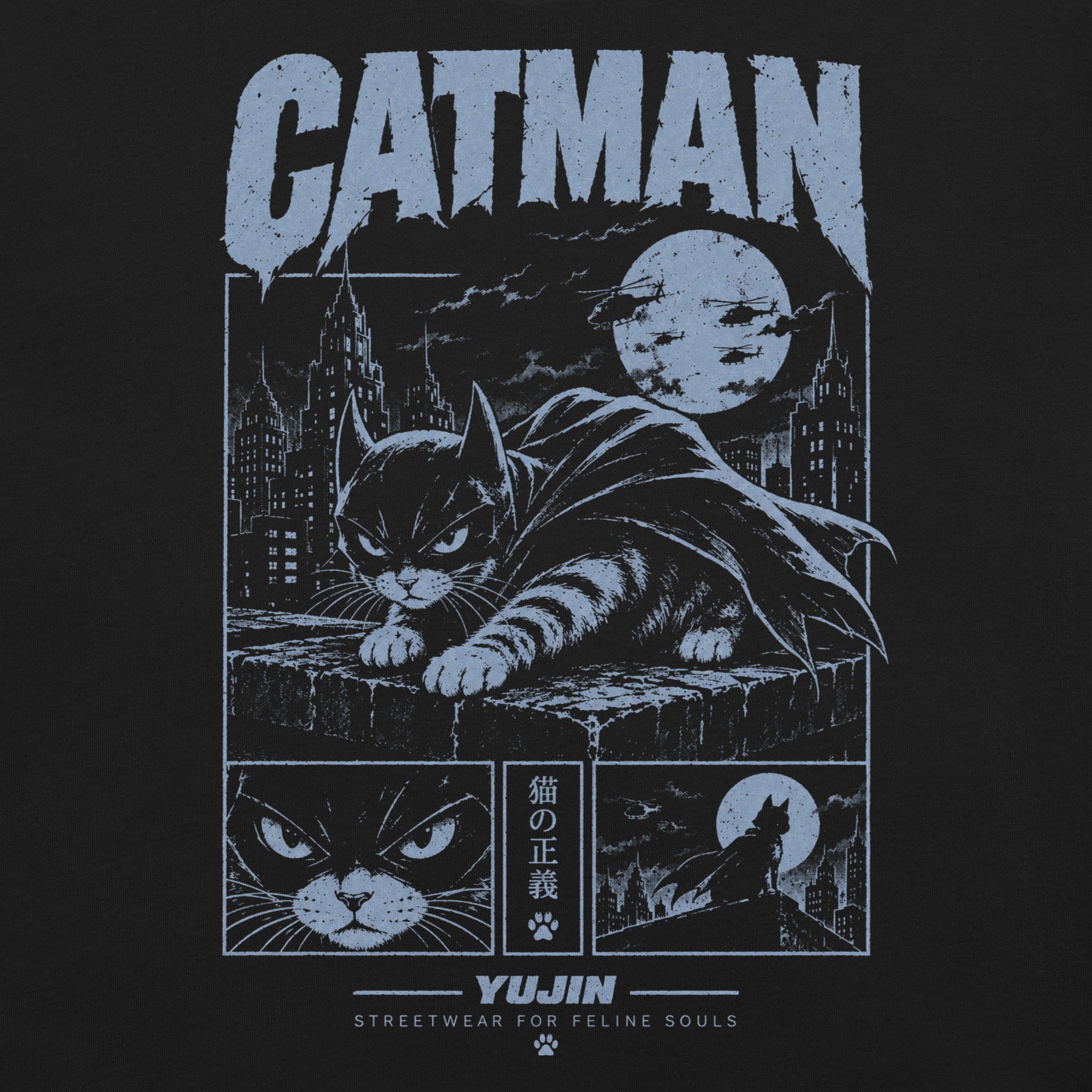 Blue Vigil Cat T-Shirt — Black artwork detail