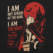 Close-up of Night Sovereign Cat T-Shirt artwork on Black