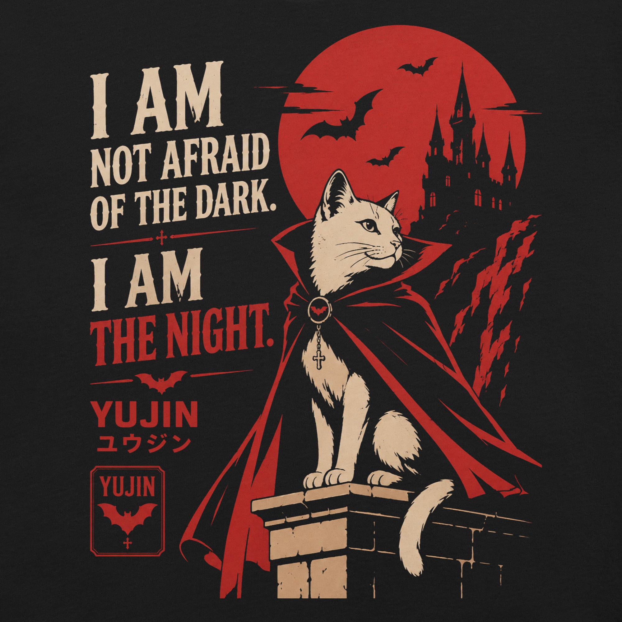 Close-up of Night Sovereign Cat T-Shirt artwork on Black