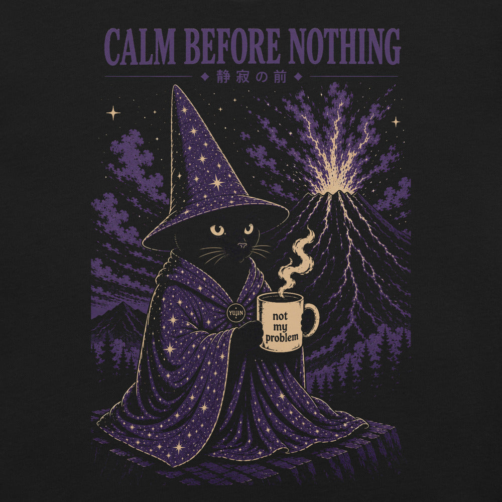 Close-up of Calm Before Nothing Cat T-Shirt artwork on Black