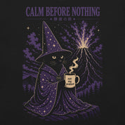 Close-up of Calm Before Nothing Cat T-Shirt artwork on Black