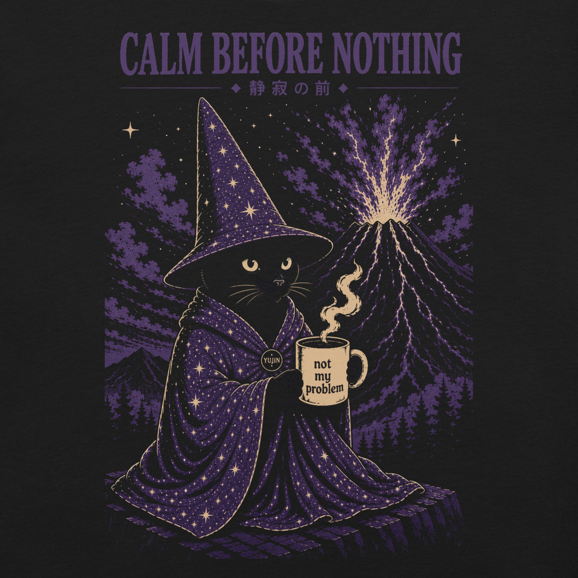 Close-up of Calm Before Nothing Cat T-Shirt artwork on Black