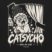 Close-up of Catsycho Cat T-Shirt artwork on Black