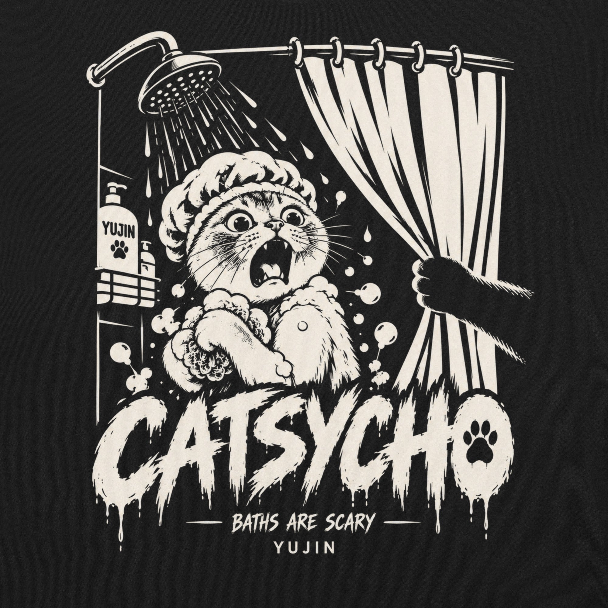 Close-up of Catsycho Cat T-Shirt artwork on Black