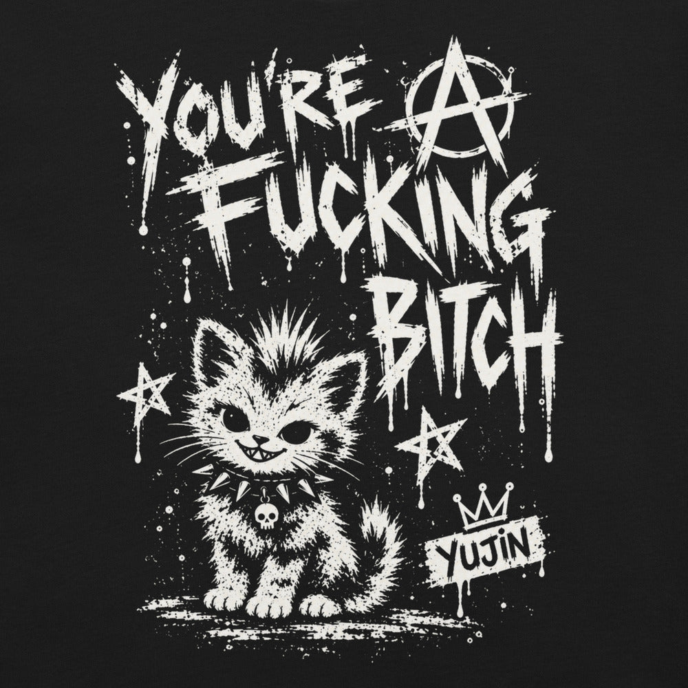 Punk Attitude Cat T-Shirt in Black — original front print closeup
