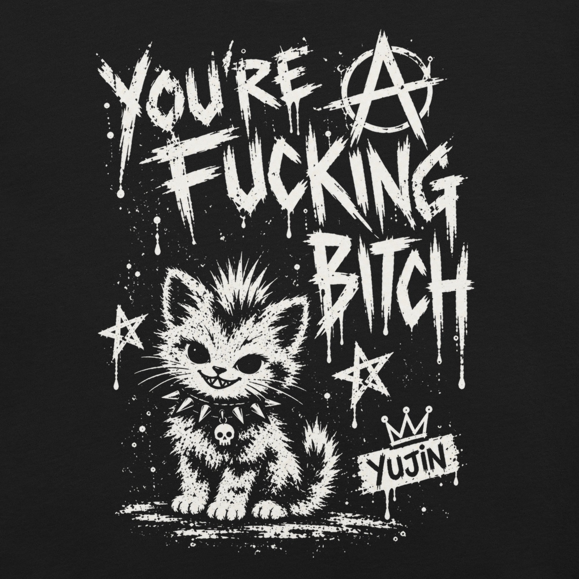 Punk Attitude Cat T-Shirt in Black — original front print closeup