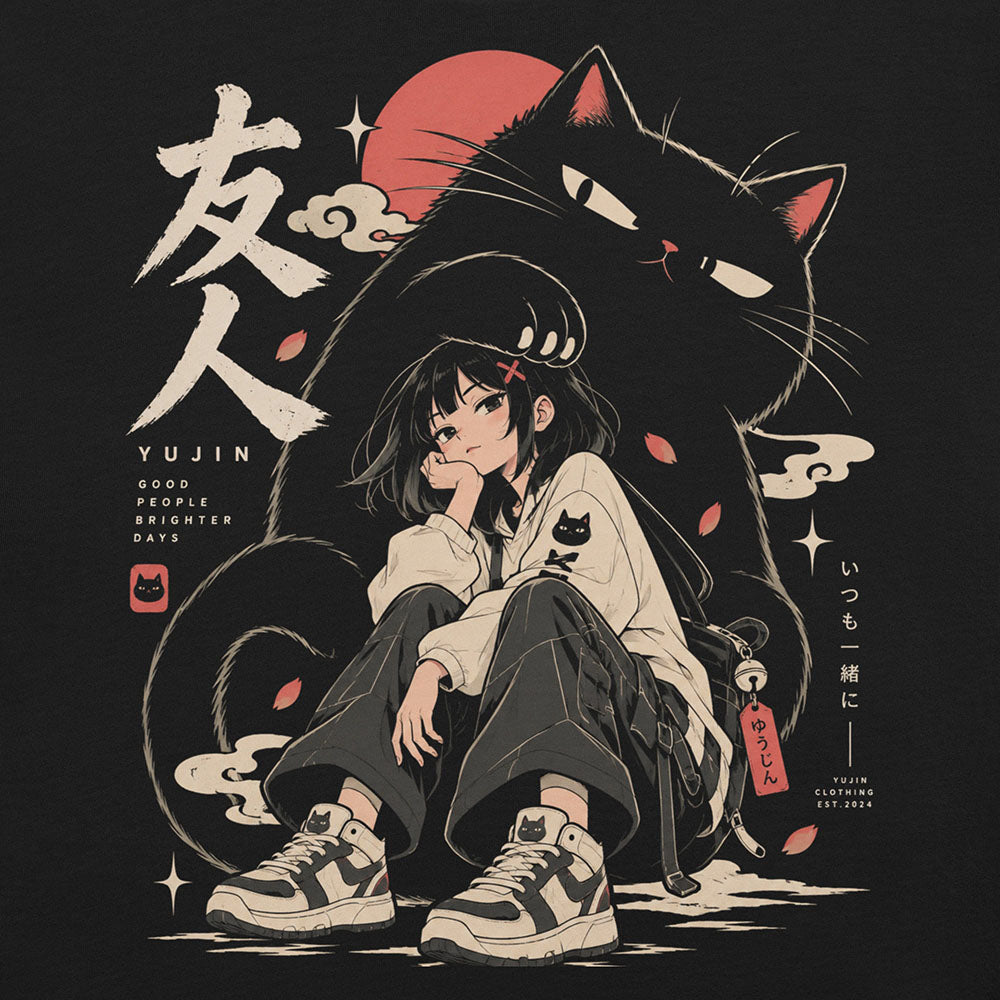 Close-up of Brighter Days Cat T-Shirt artwork on Black