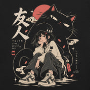Close-up of Brighter Days Cat T-Shirt artwork on Black
