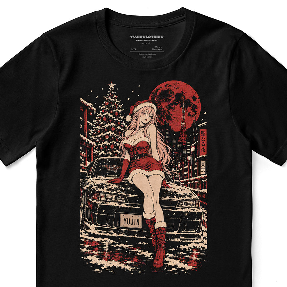 Close-up of Tokyo Snowfall Car T-Shirt artwork on Black