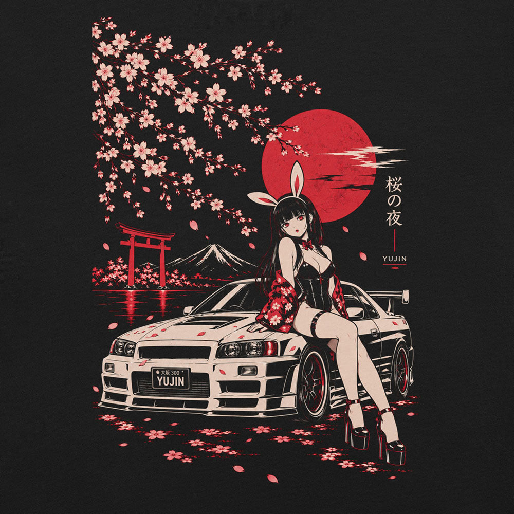 Close-up of Sakura Night Car T-Shirt artwork on Black
