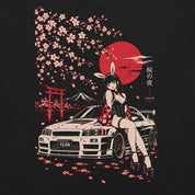Close-up of Sakura Night Car T-Shirt artwork on Black