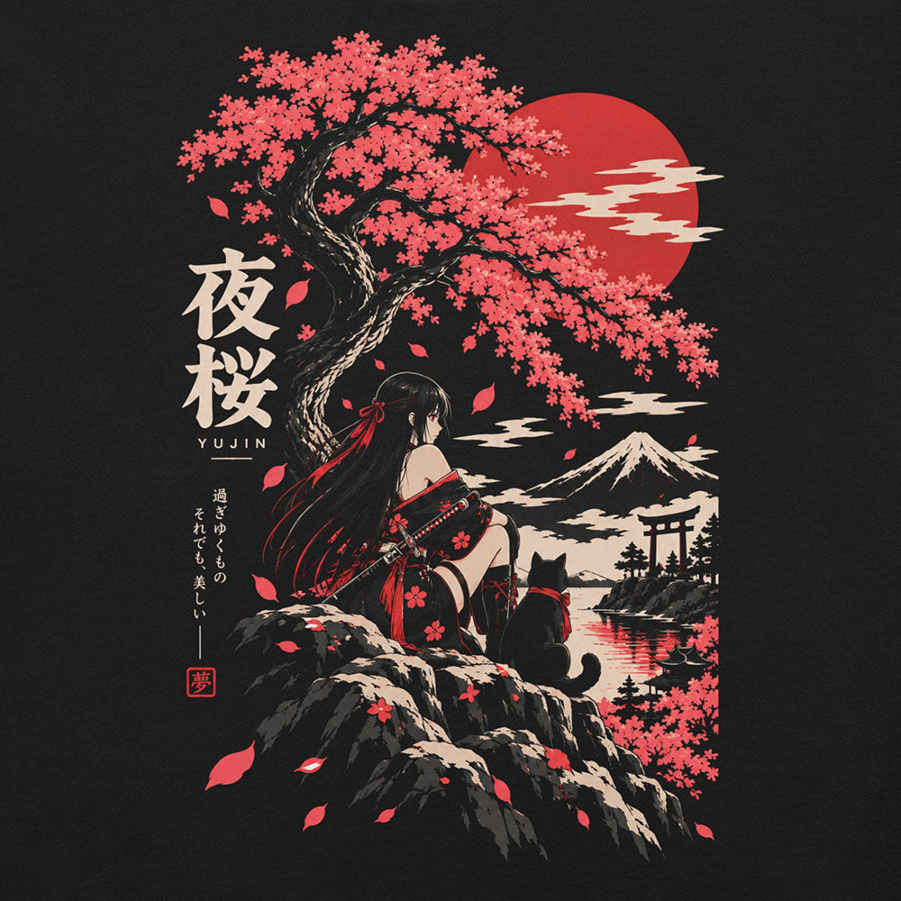 Close-up of Night Blossom Cat T-Shirt artwork on Black
