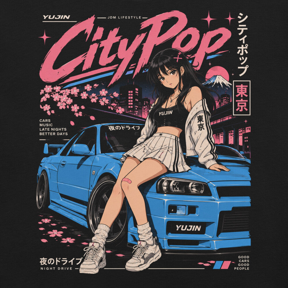 Close-up of City Pop Car T-Shirt artwork on Black