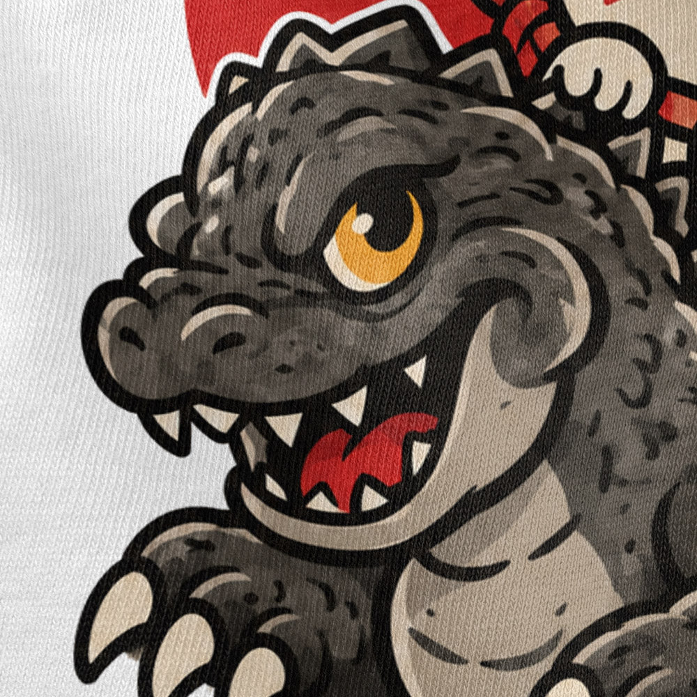 Macro detail of Kaiju Fishing Club artwork and cotton fabric on White