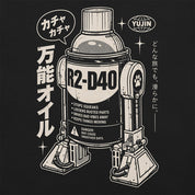 Close-up of R2-D40 Retro T-Shirt artwork on Black