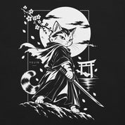 Close-up of Moonlit Samurai Cat T-Shirt artwork on black