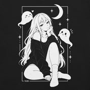 Close-up of Moonlit Nightscape Anime T-Shirt artwork on black