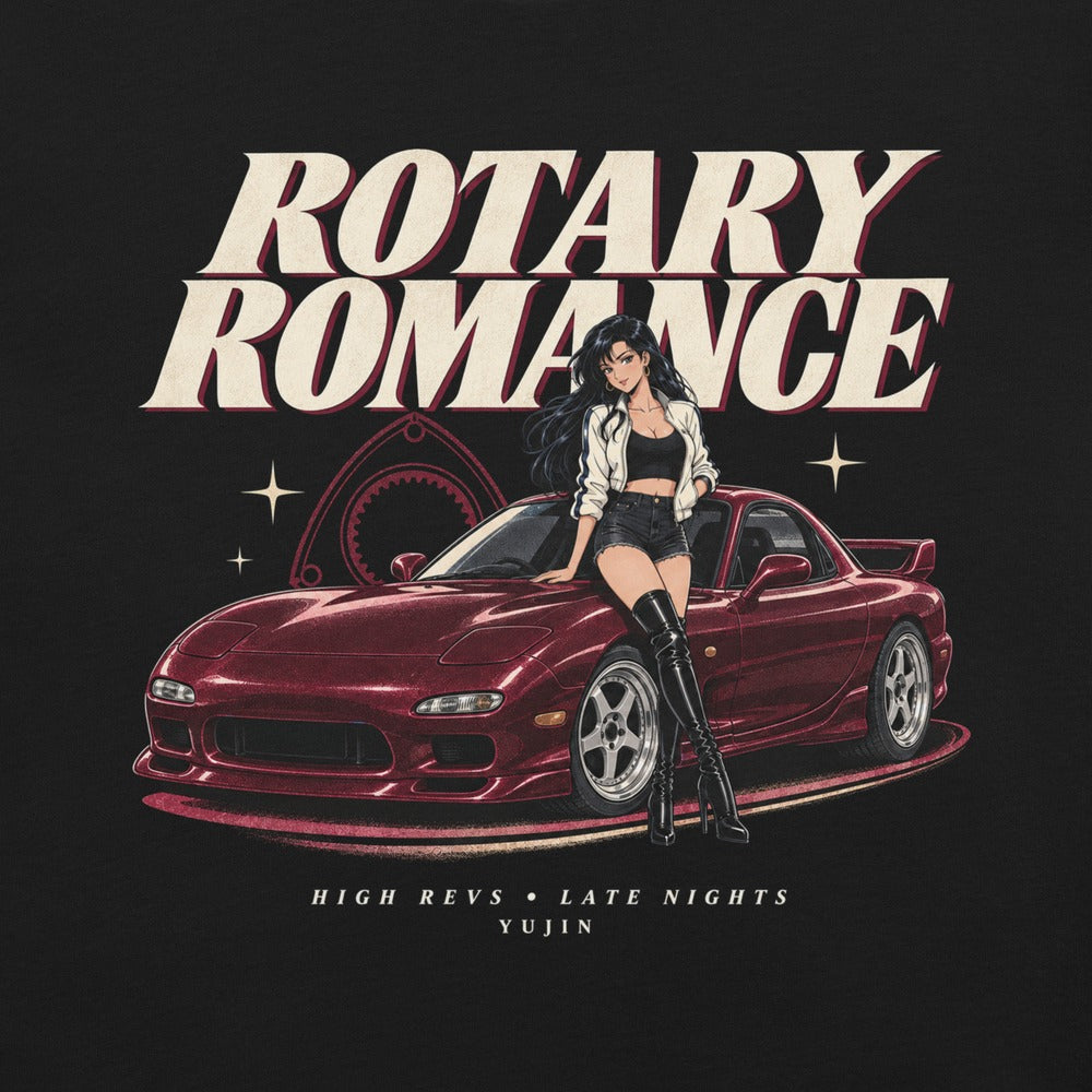 Rotary Romance Car T-Shirt — Black Printful front closeup