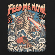 Close-up of Feed Me Now Cat T-Shirt artwork on Black