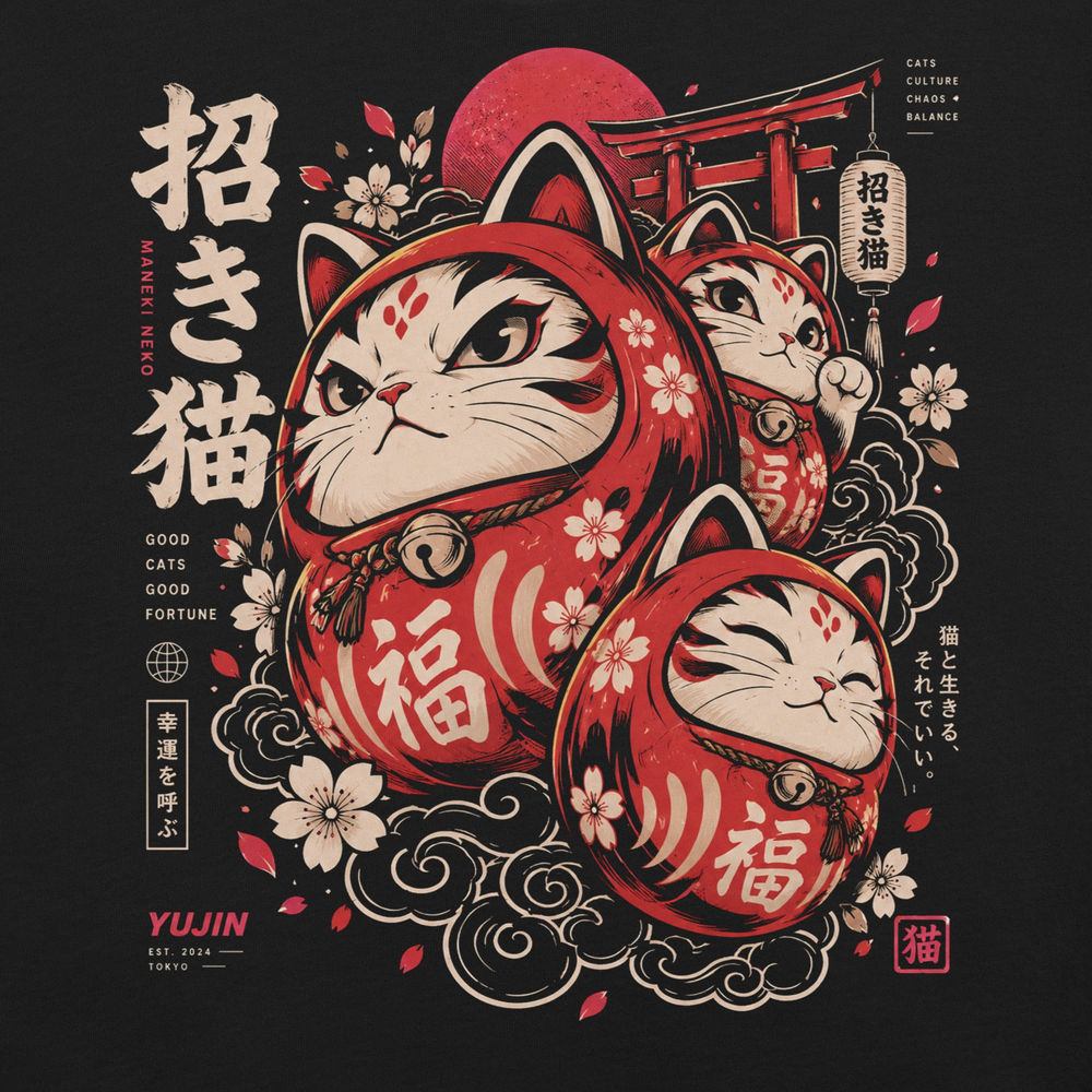 Close-up of Good Fortune Maneki Cat T-Shirt artwork on Black