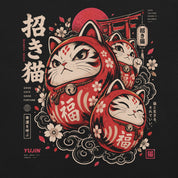 Close-up of Good Fortune Maneki Cat T-Shirt artwork on Black
