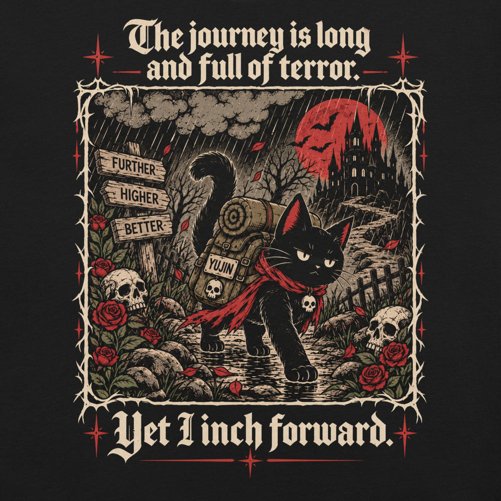 Close-up of Yet I Inch Forward Cat T-Shirt artwork on Black