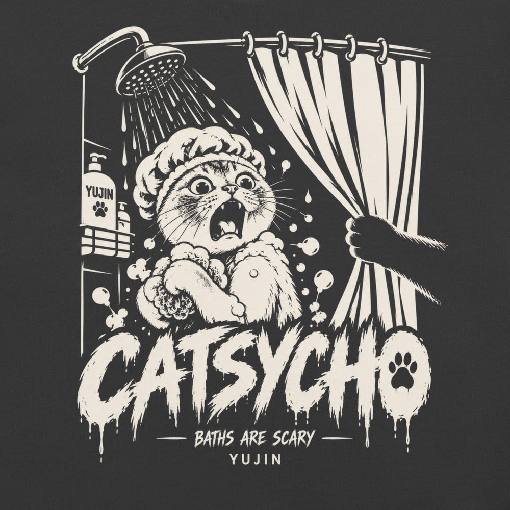 Close-up of Catsycho Cat T-Shirt artwork on Dark Grey