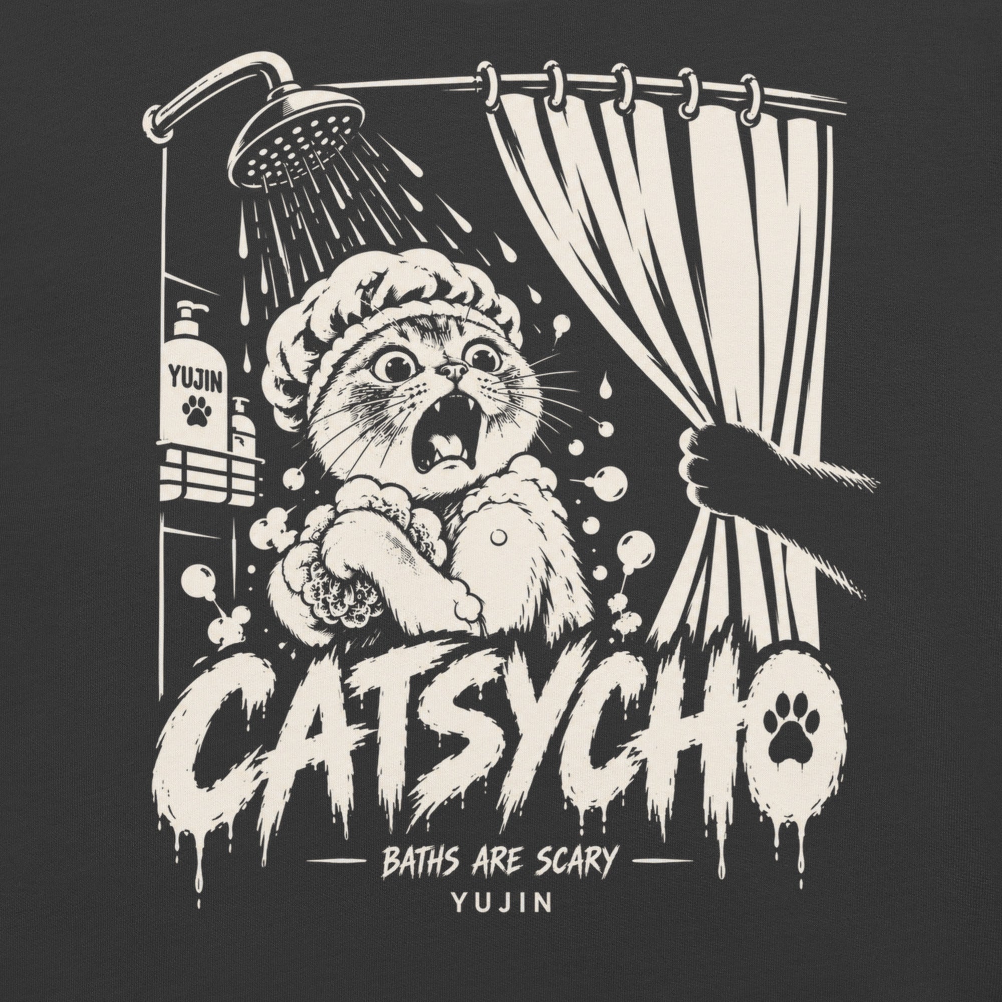 Close-up of Catsycho Cat T-Shirt artwork on Dark Grey