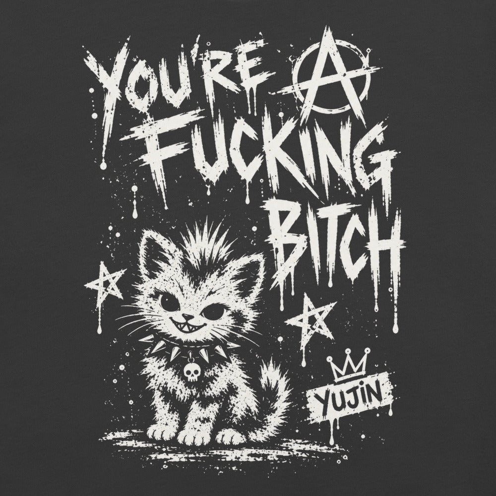 Punk Attitude Cat T-Shirt in Dark Grey — original front print closeup