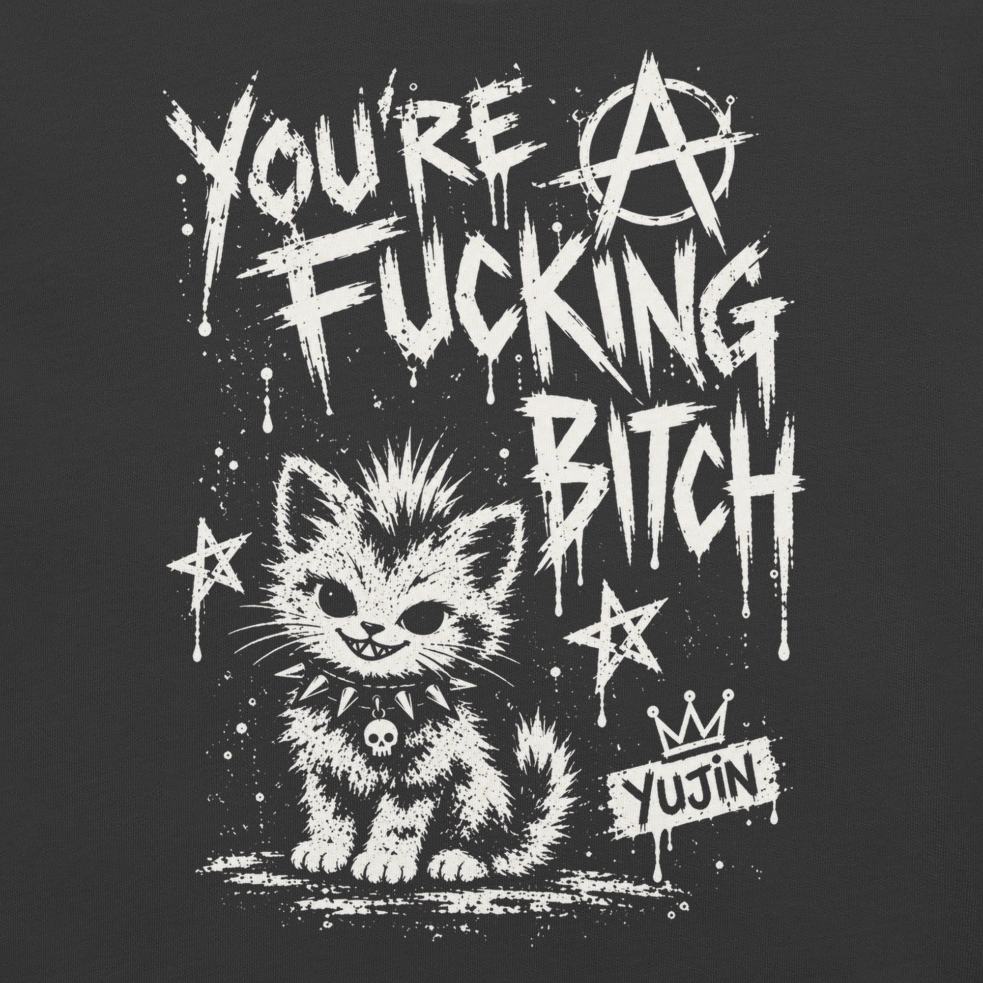 Punk Attitude Cat T-Shirt in Dark Grey — original front print closeup