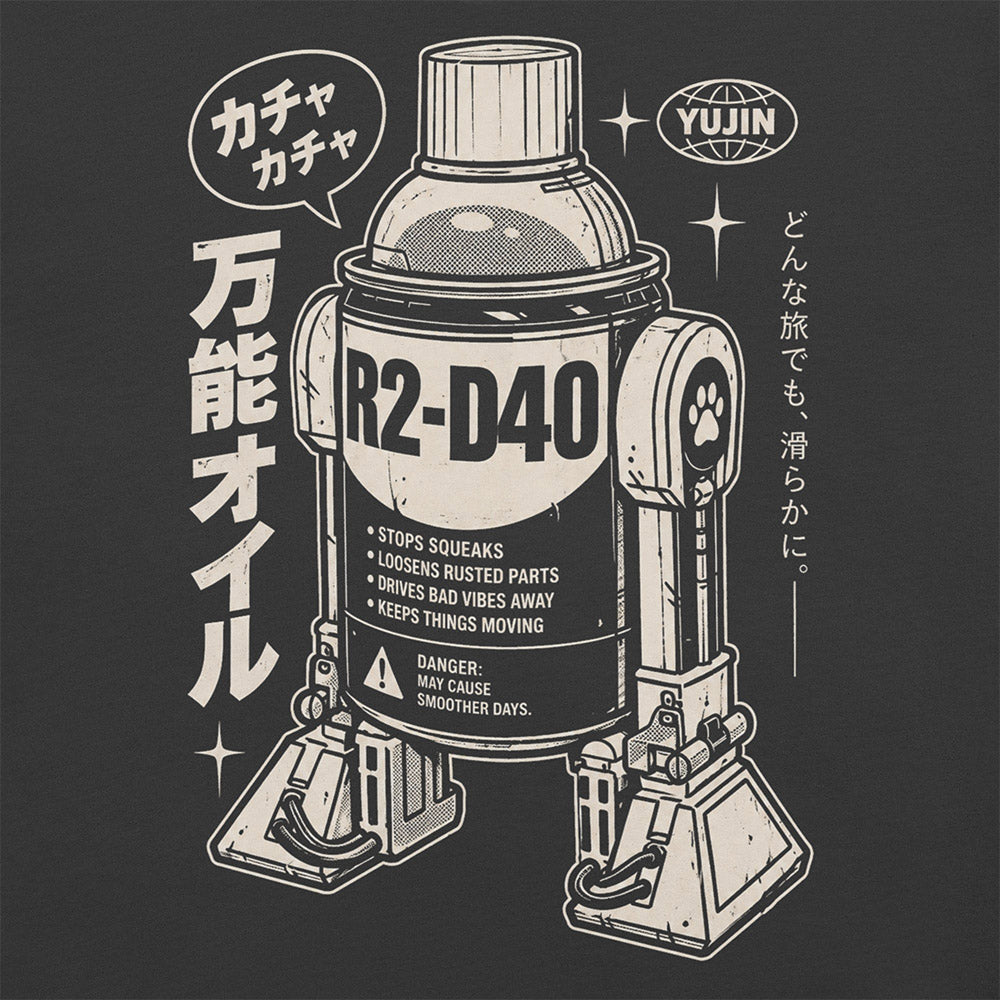 Close-up of R2-D40 Retro T-Shirt artwork on Dark Grey