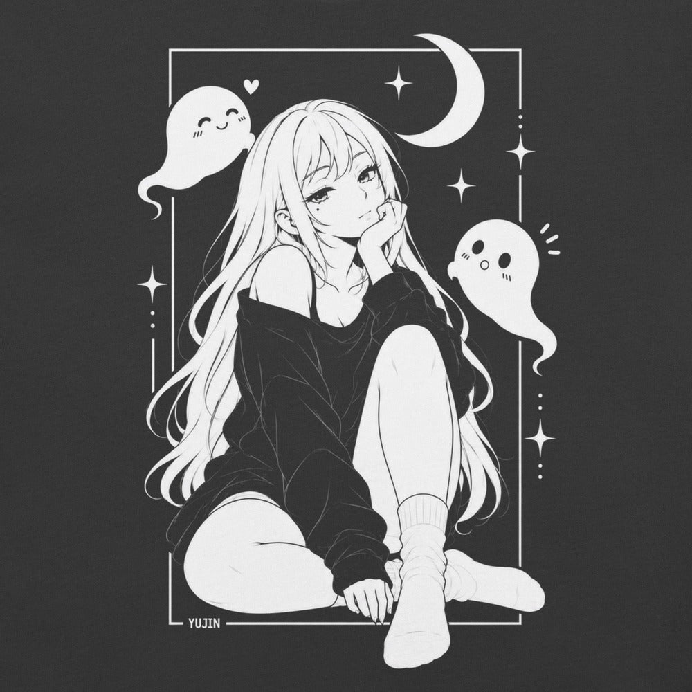 Close-up of Moonlit Nightscape Anime T-Shirt artwork on dark-grey