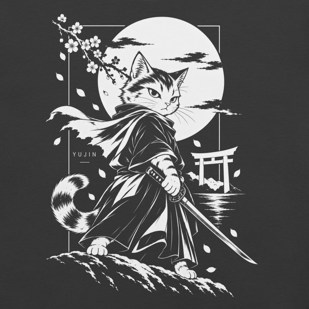 Close-up of Moonlit Samurai Cat T-Shirt artwork on dark-grey