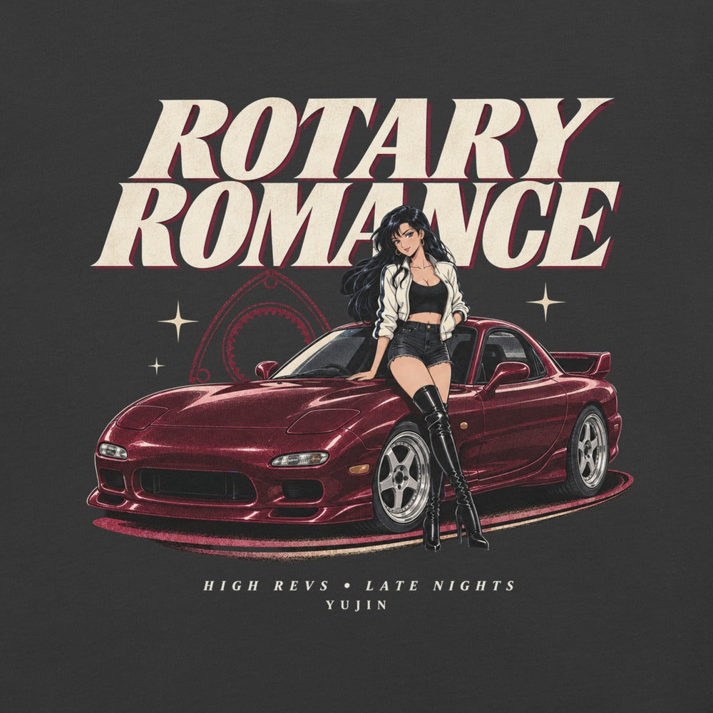 Rotary Romance Car T-Shirt — Dark Grey Printful front closeup