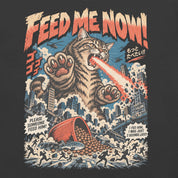 Close-up of Feed Me Now Cat T-Shirt artwork on Dark Grey