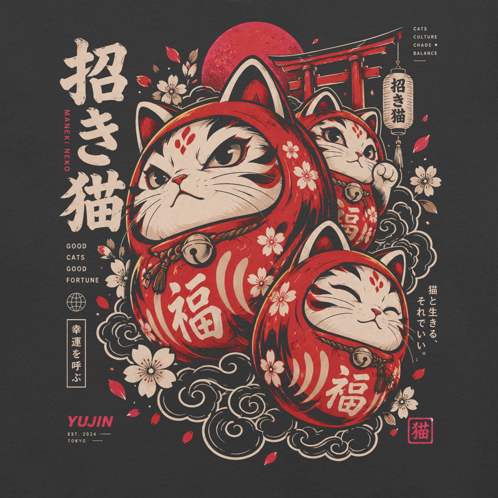 Close-up of Good Fortune Maneki Cat T-Shirt artwork on Dark Grey