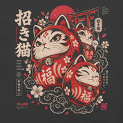 Close-up of Good Fortune Maneki Cat T-Shirt artwork on Dark Grey