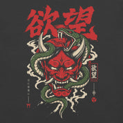 Close-up of Desire Has Teeth Oni Snake T-Shirt artwork on Dark Grey