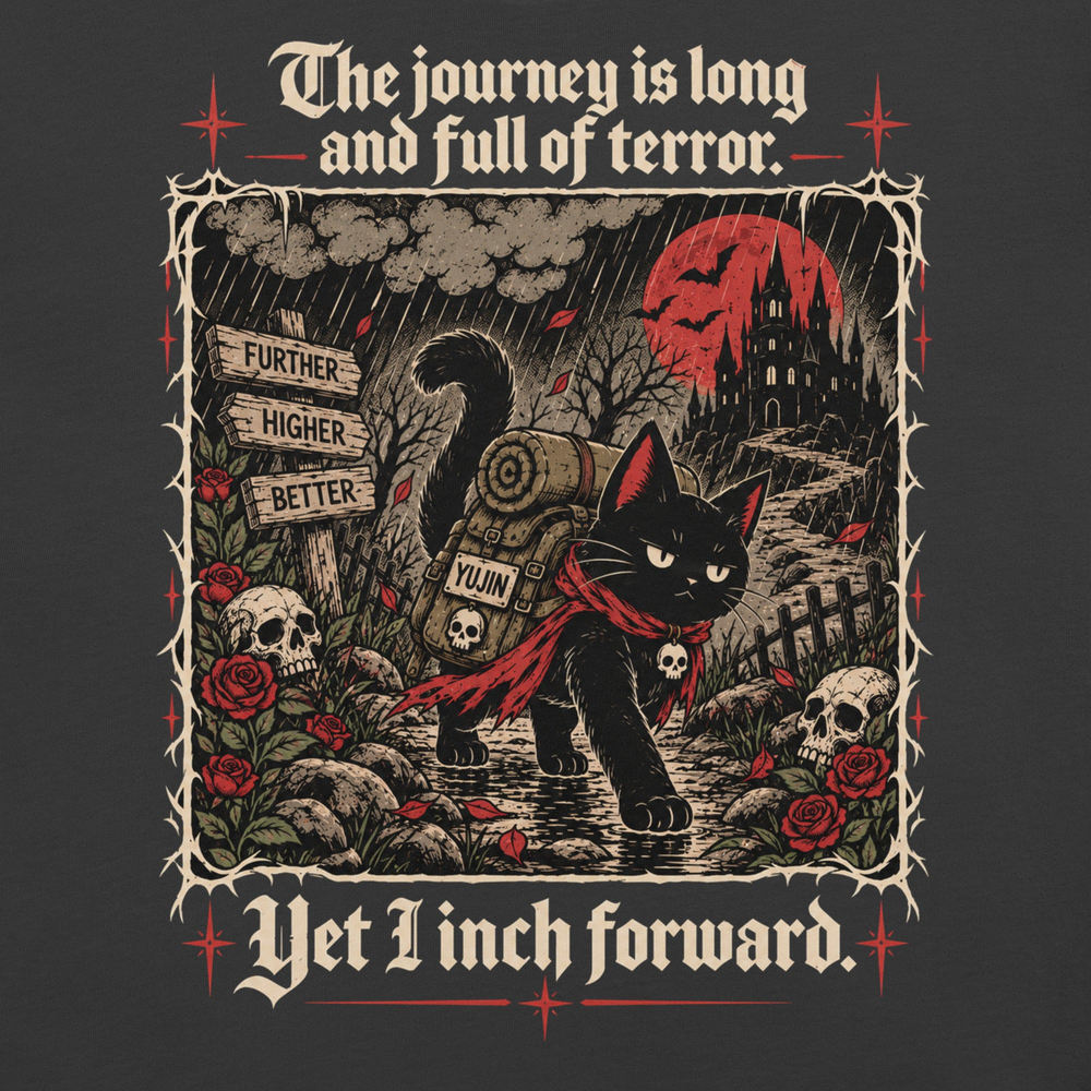 Close-up of Yet I Inch Forward Cat T-Shirt artwork on Dark Grey