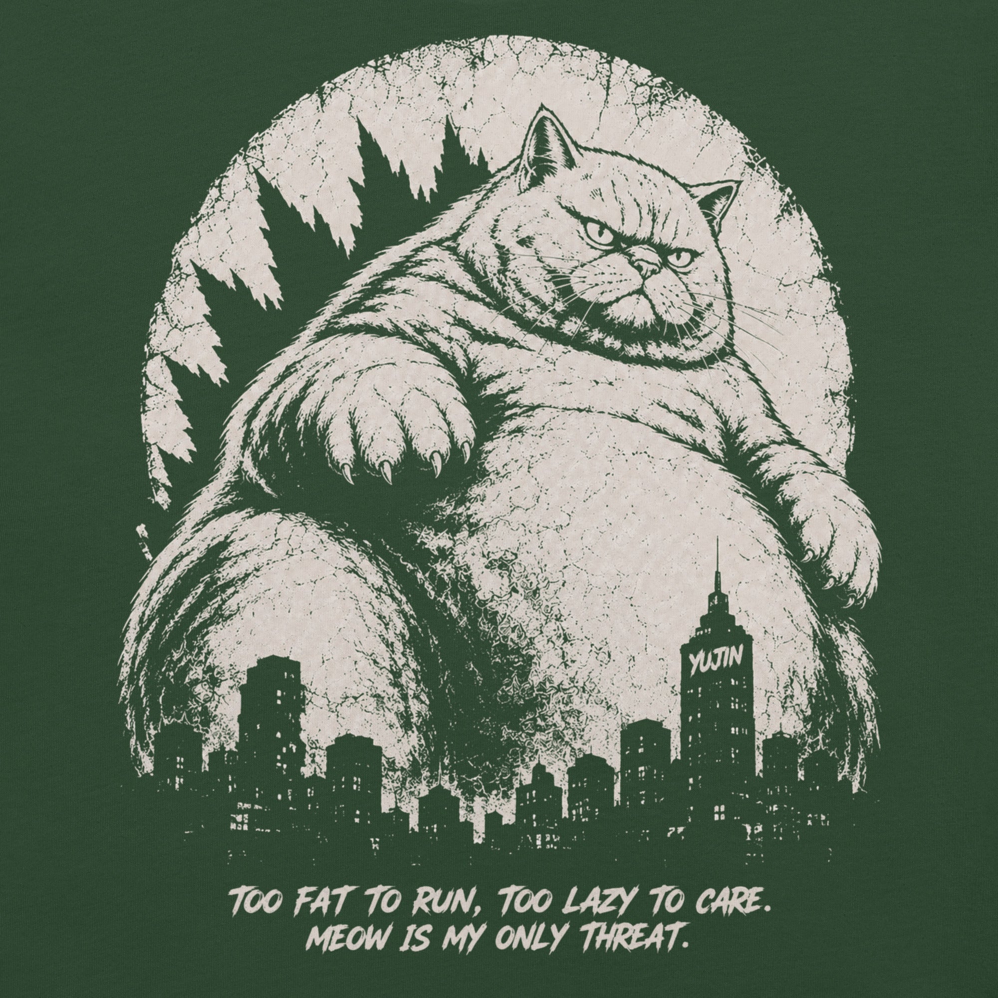Close-up of Lazy Colossus Cat T-Shirt artwork on Forest