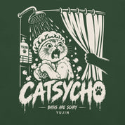 Close-up of Catsycho Cat T-Shirt artwork on Forest